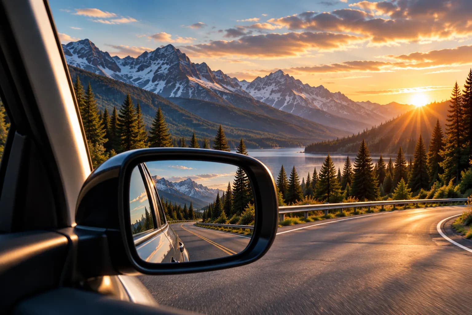A side mirror reflecting a mountain highway at sunrise