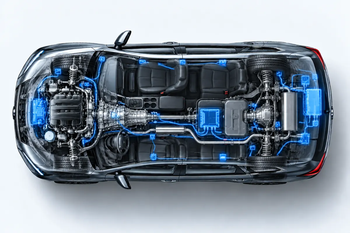 Top-down cutaway of an SUV with the electrical components highlighted