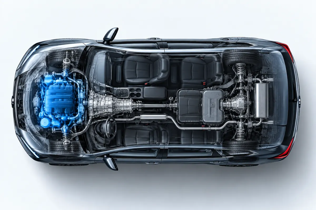 Top-down cutaway of an SUV with the engine highlighted
