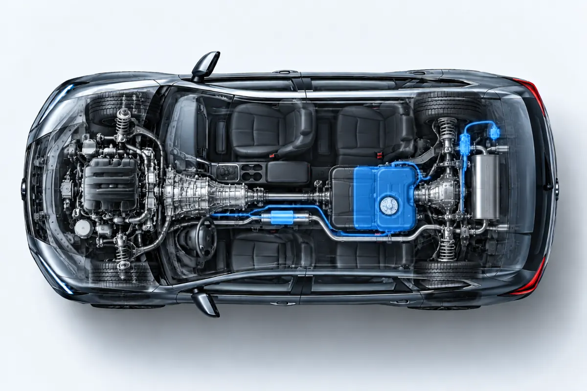 Top-down cutaway of an SUV with the fuel pump highlighted
