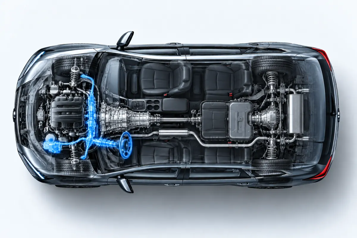 Top-down cutaway of an SUV with the power steering highlighted