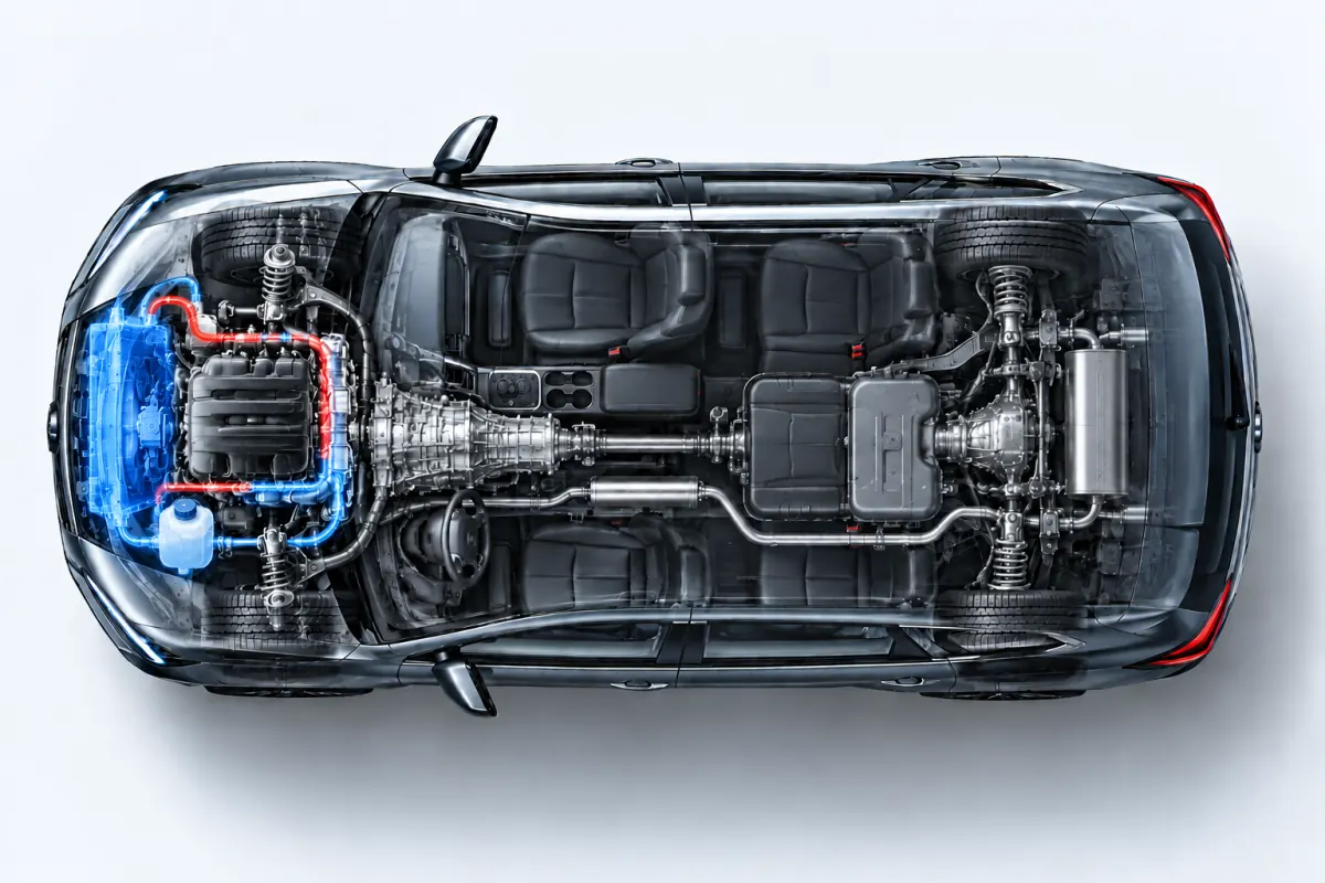 Top-down cutaway of an SUV with the radiator highlighted