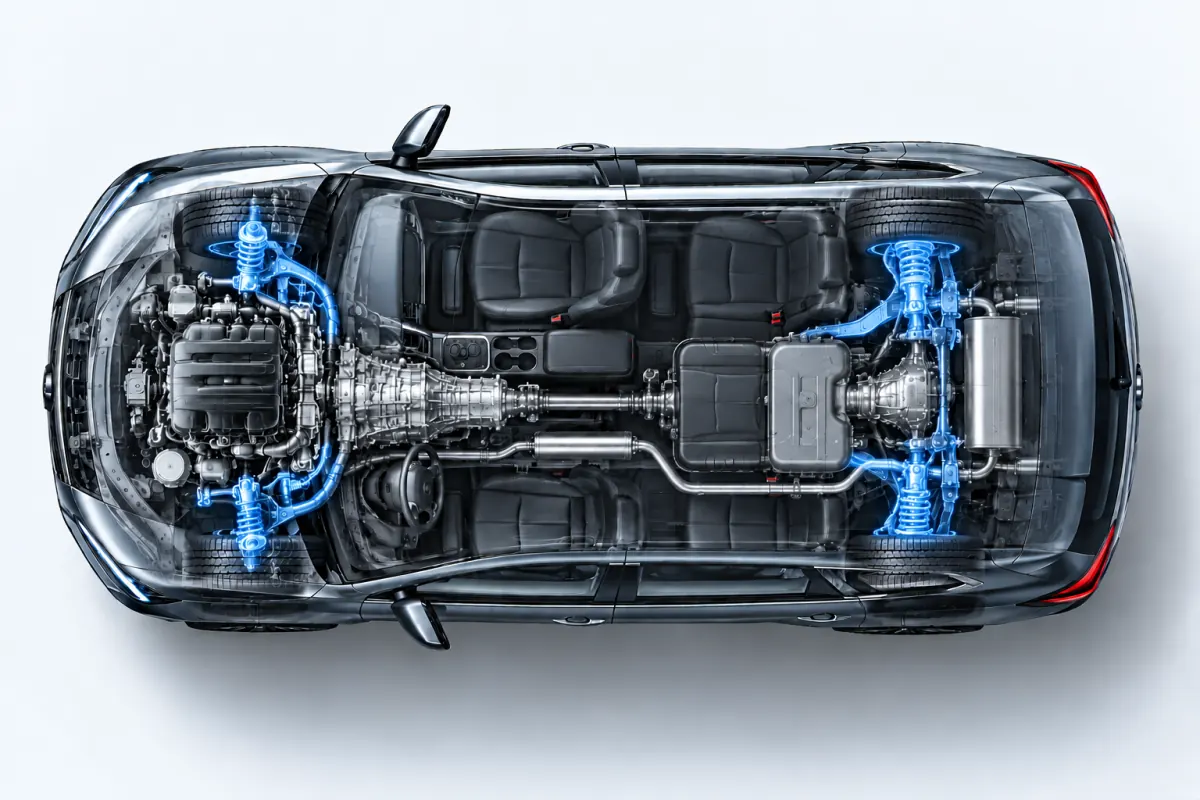 Top-down cutaway of an SUV with the suspension highlighted