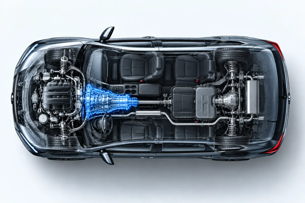 Top-down cutaway of an SUV with the transmission highlighted