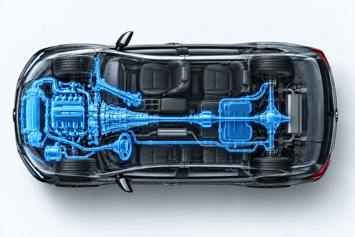 Top-down cutaway of an SUV showing Essential Plus plan coverage highlighted in blue