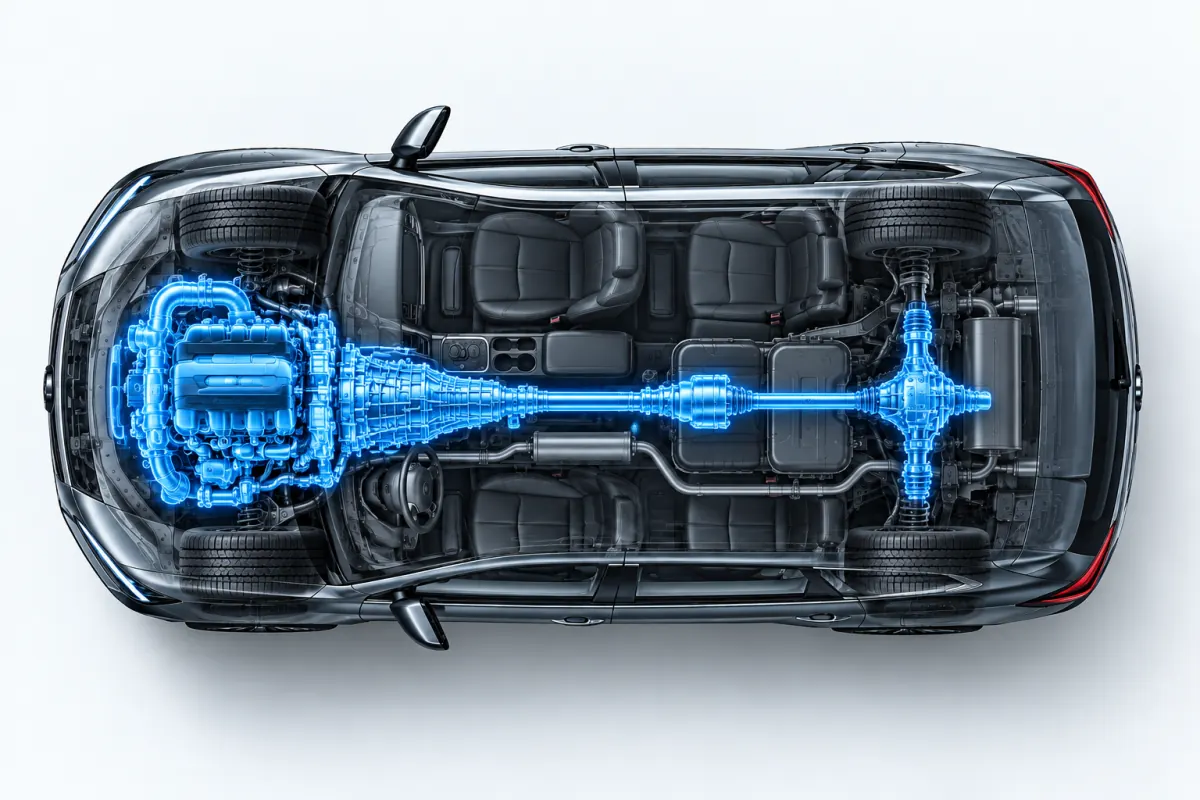 Top-down cutaway of an SUV showing Powertrain Choice plan coverage highlighted in blue