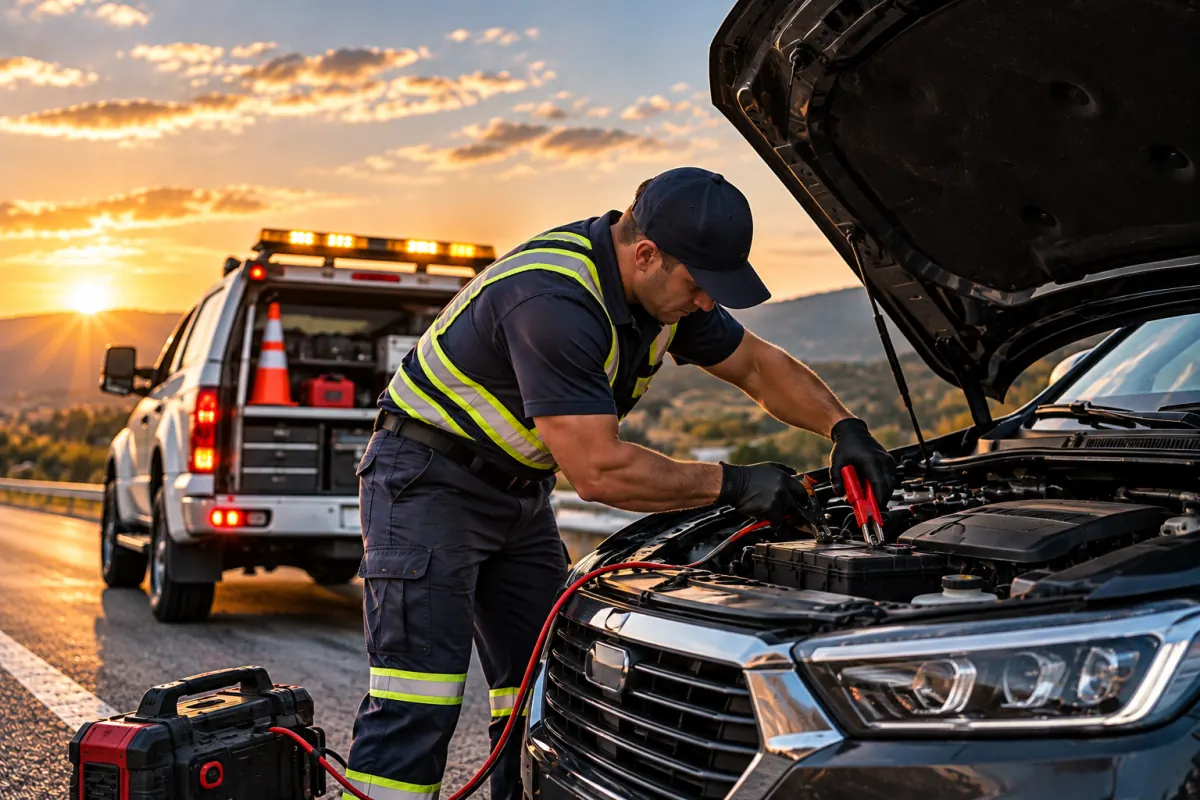 Dead Battery Service roadside assistance at sunset