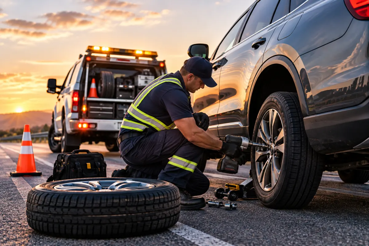 Emergency Tire Services roadside assistance at sunset
