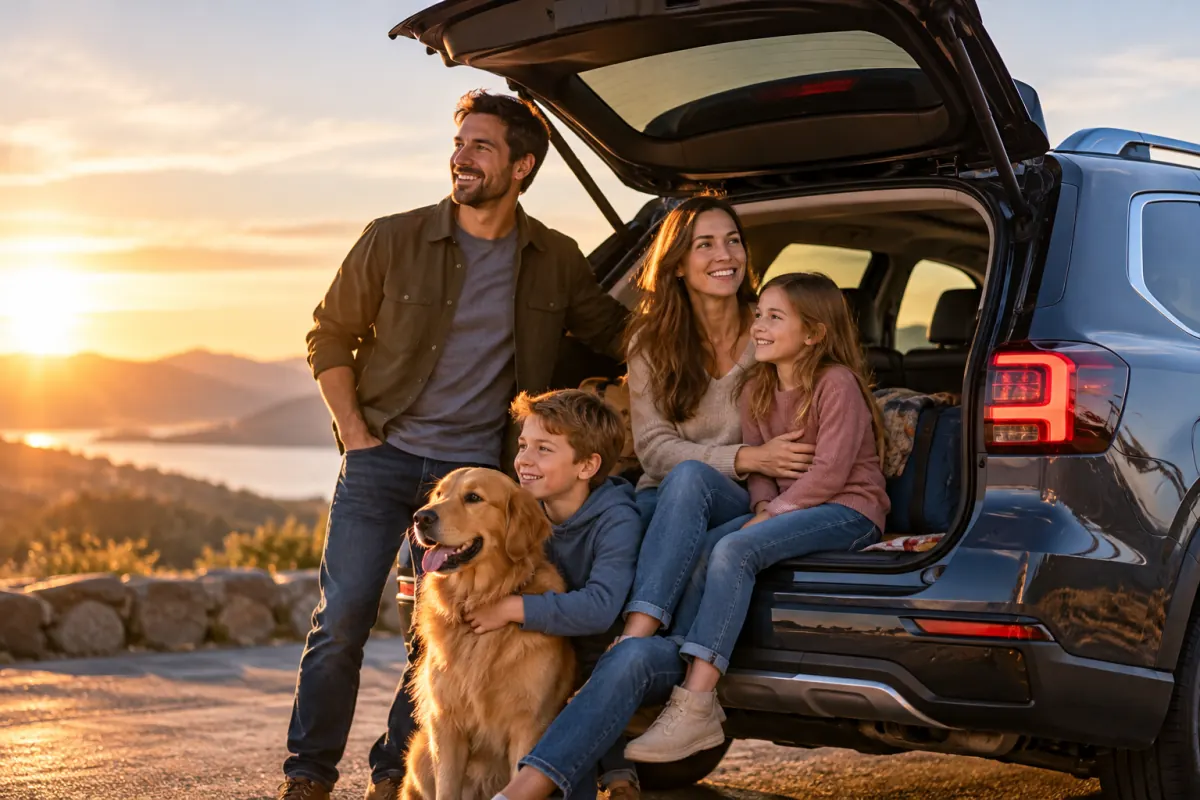 A smiling family and their dog gathered around the open trunk of their SUV at sunset