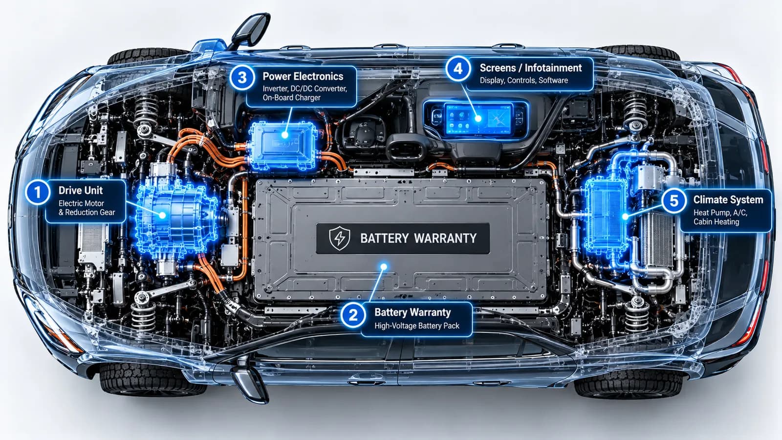 Cutaway of an electric SUV showing the battery, drive unit, power electronics and climate system.