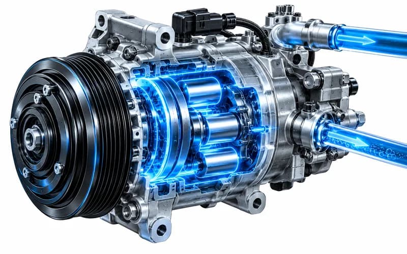Neon-blue cutaway of a A/C compressor
