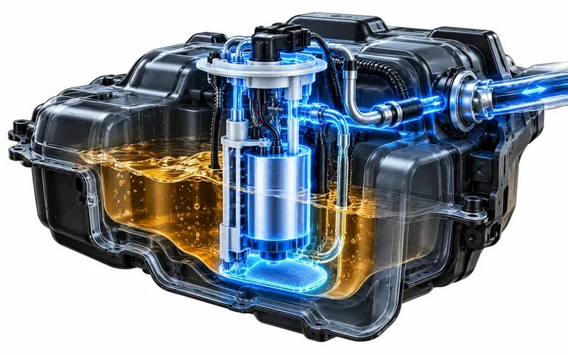 Neon-blue cutaway of a fuel pump