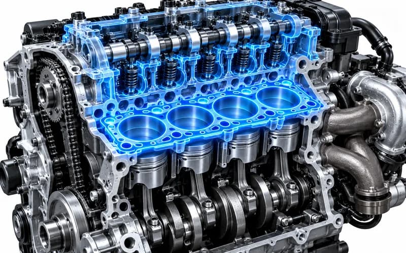 Neon-blue cutaway of an engine head gasket