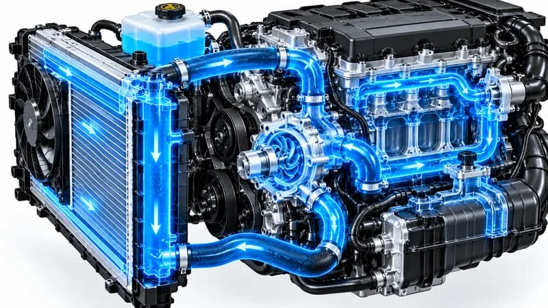 Neon-blue cutaway of an engine cooling system