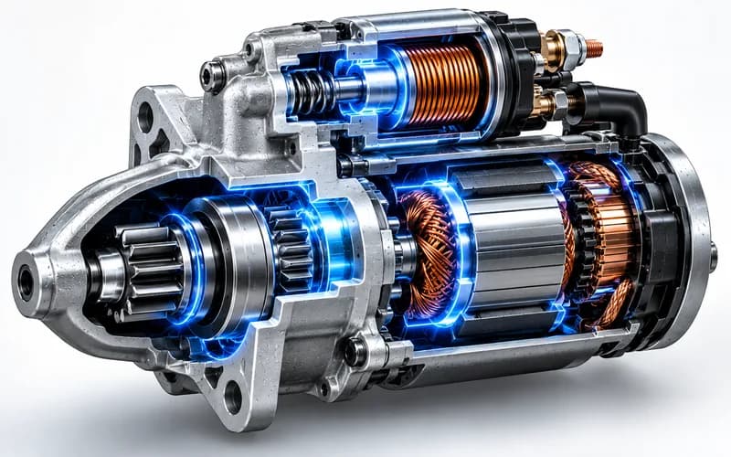 Neon-blue cutaway of a starter motor