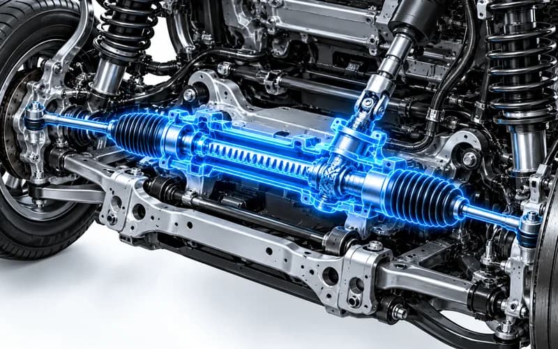 Neon-blue cutaway of a steering rack