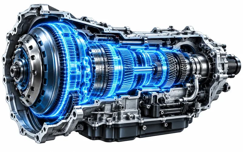 Neon-blue cutaway of a transmission