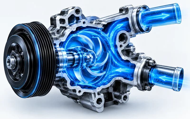 Neon-blue cutaway of a water pump