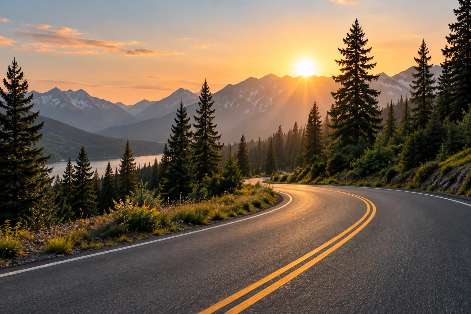 A mountain highway curving toward the sunrise