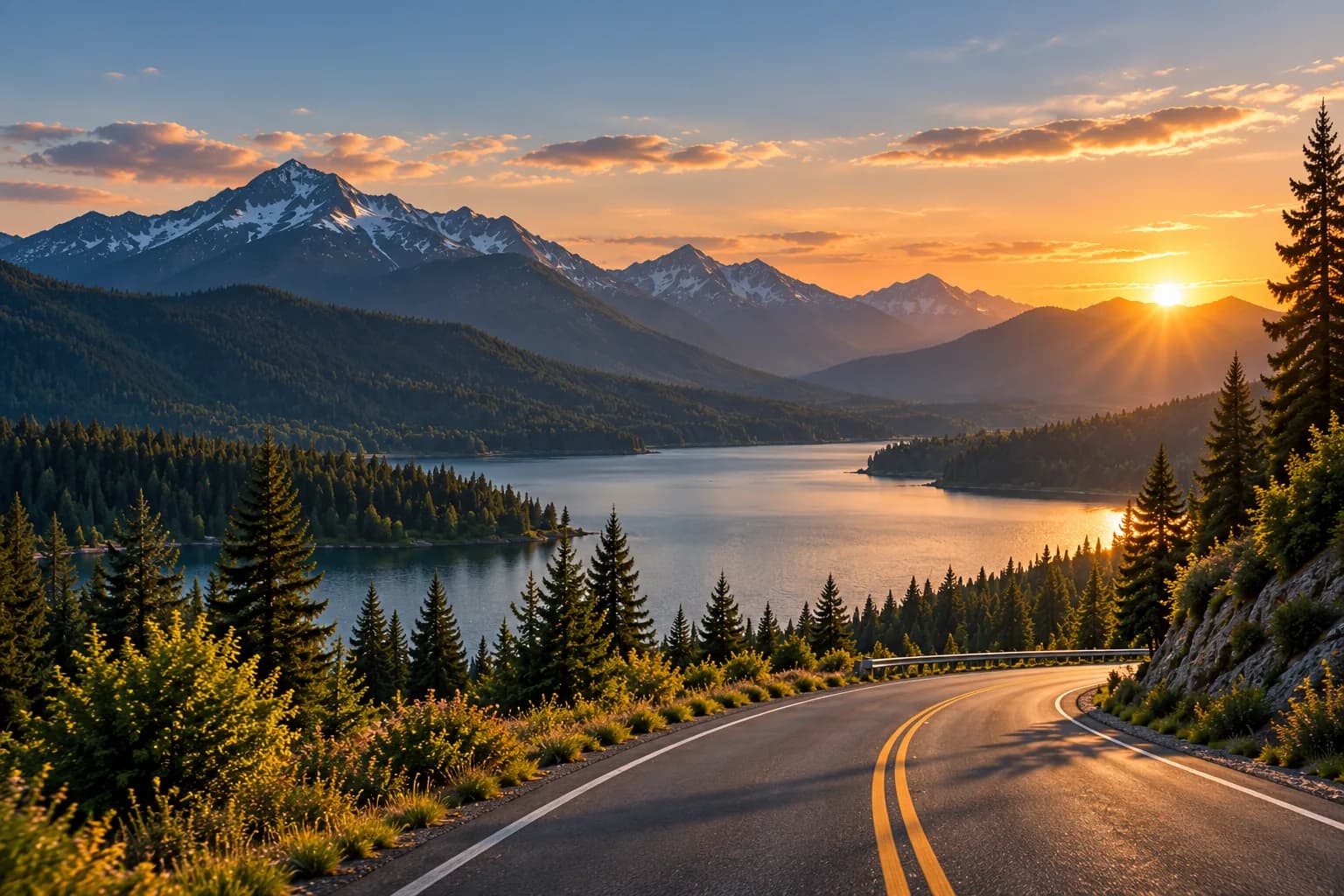 A highway winding beside a mountain lake