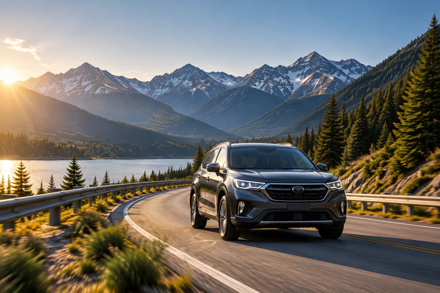 An SUV on a mountain road beside a lake