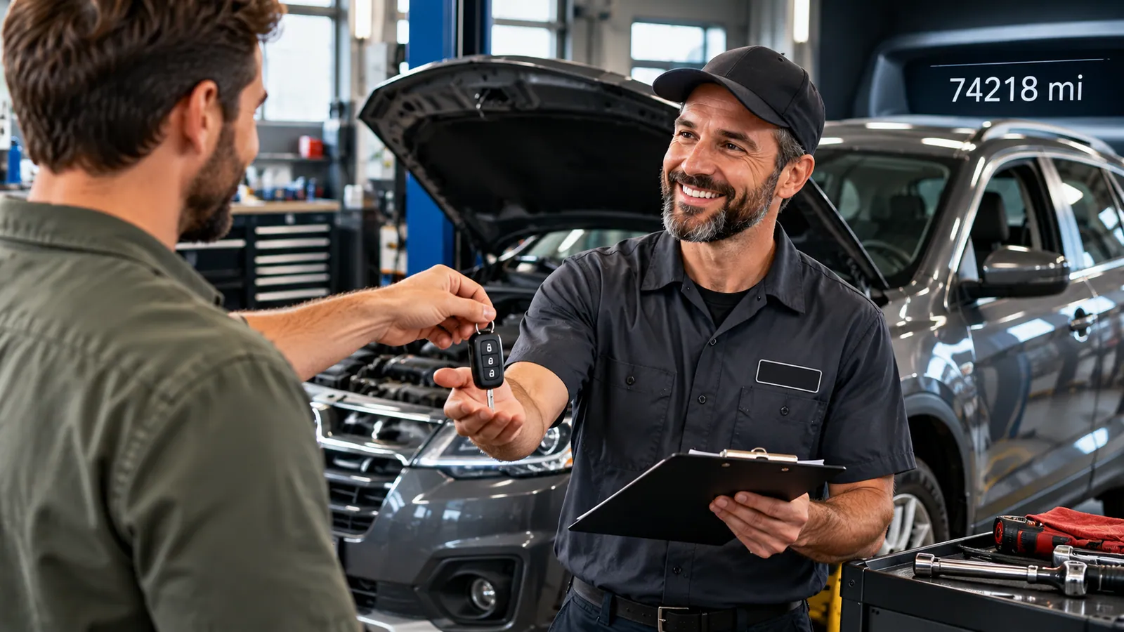 Used car owner dropping off their vehicle for a covered repair