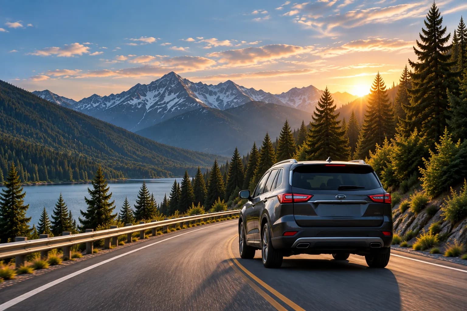 A vehicle on an open highway at dusk