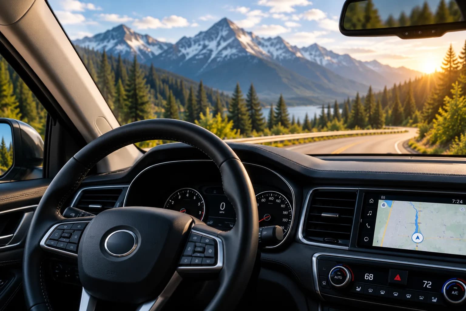 The view over a steering wheel toward a mountain road