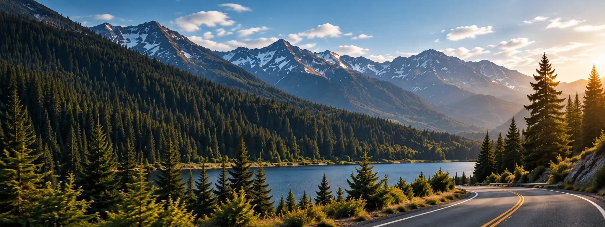 A mountain highway curving toward the sunrise
