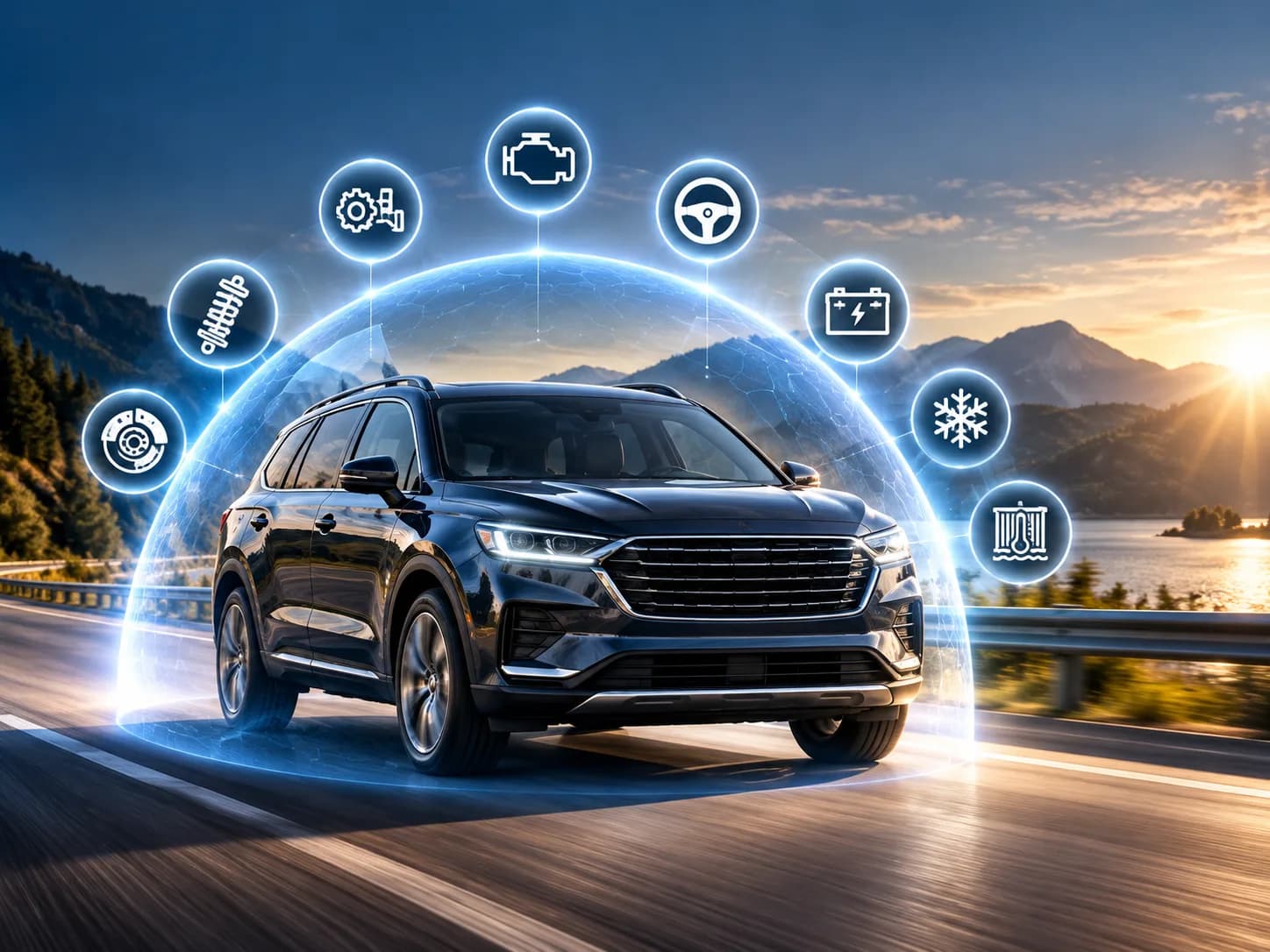 SUV protected by a shield with icons for covered systems