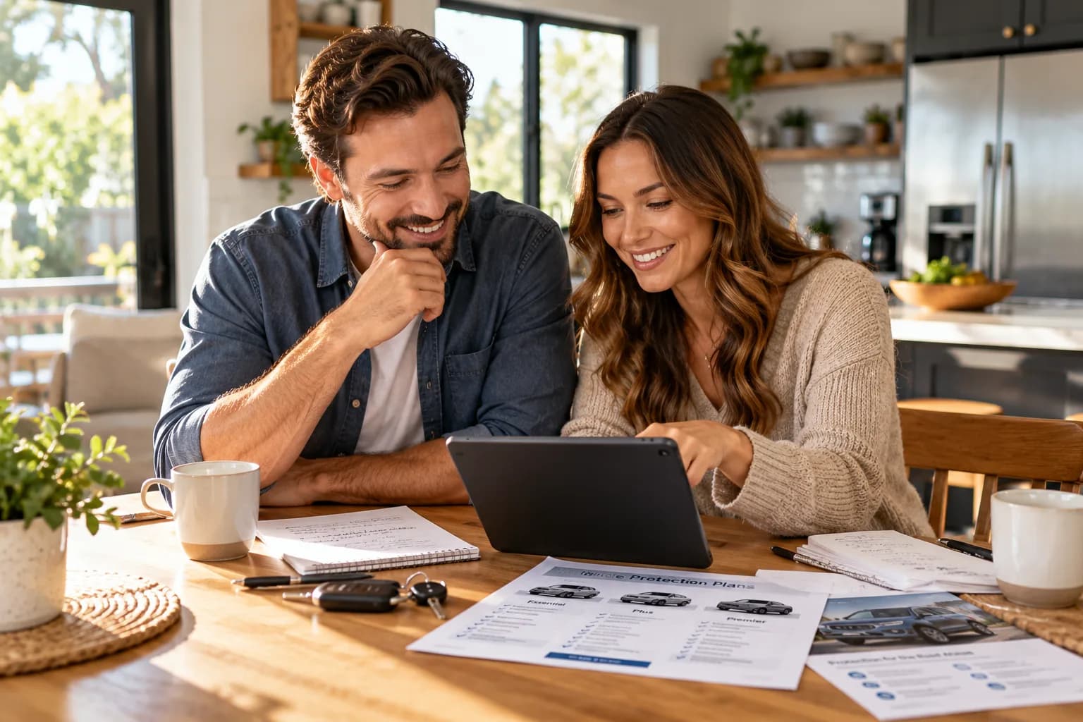 Couple comparing car protection plan options at home