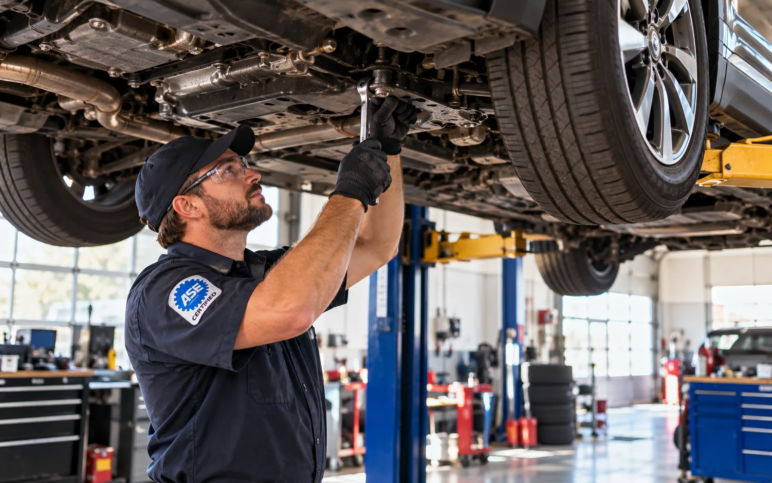 ASE-certified technician performing a covered repair on an SUV