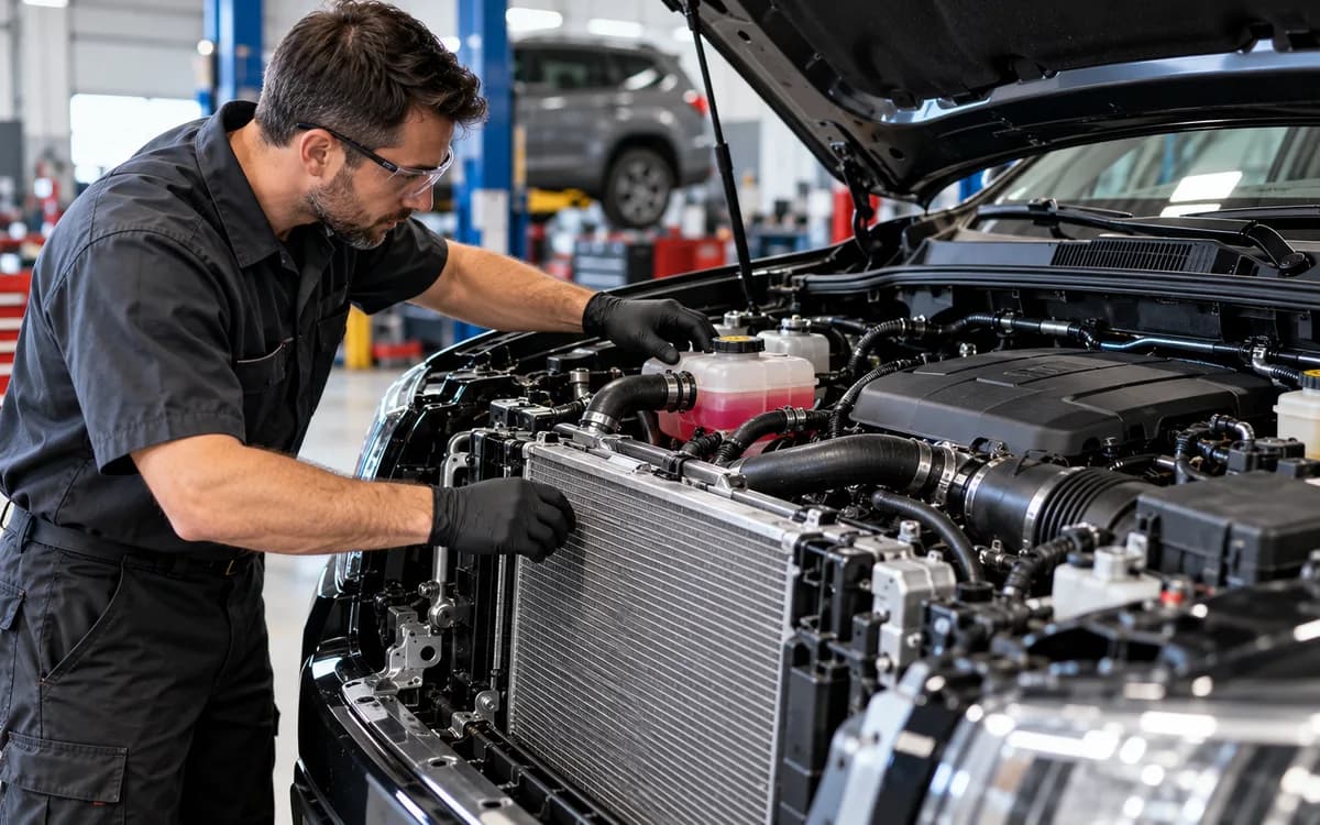 Technician inspecting an SUV cooling system