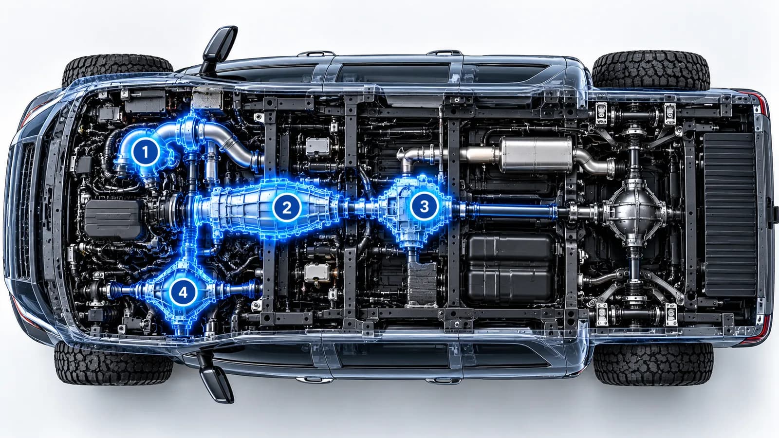 Cutaway of a 4WD pickup highlighting the transfer case, turbocharger, transmission and front differential.