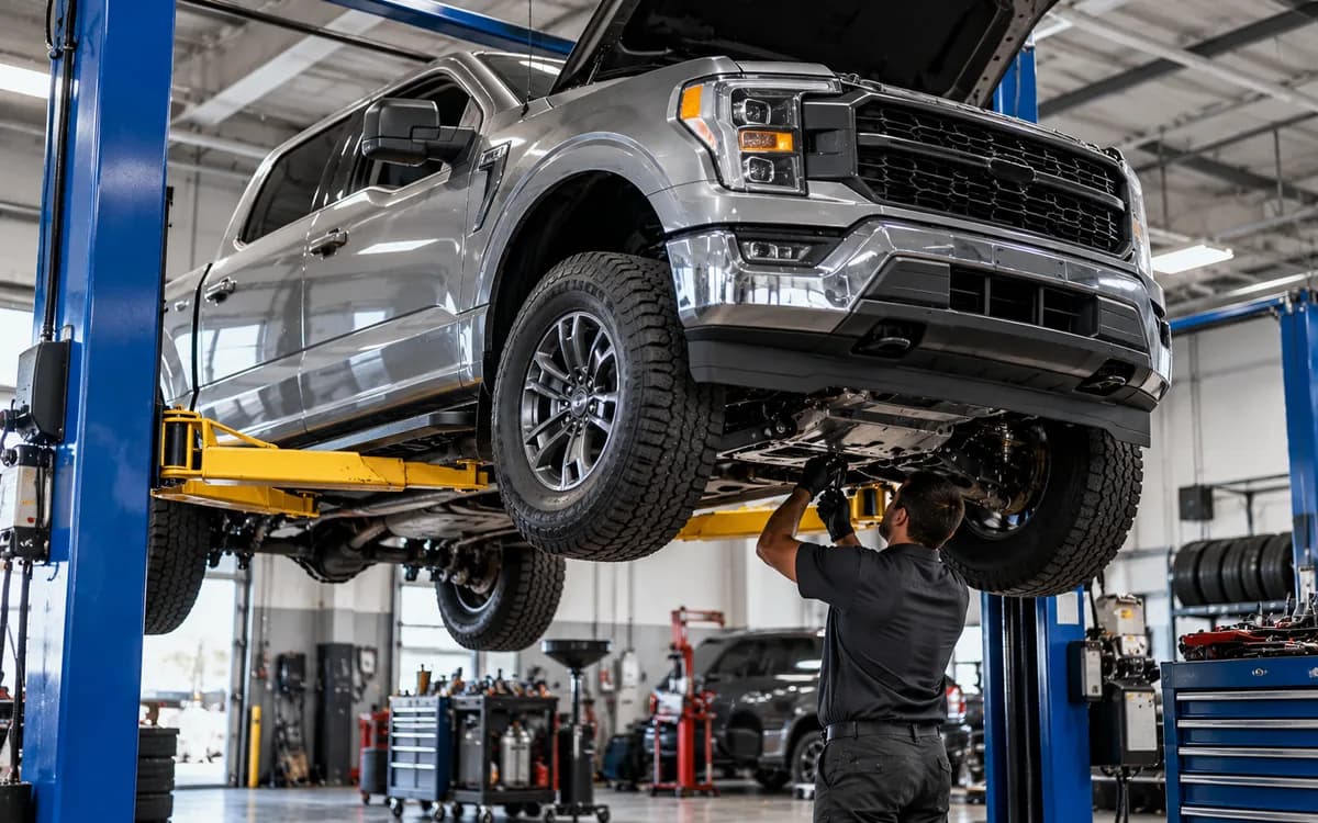 Pickup truck on a lift for repair